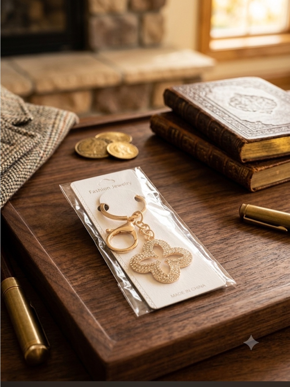Gold Clover Key & Card Holder Charm